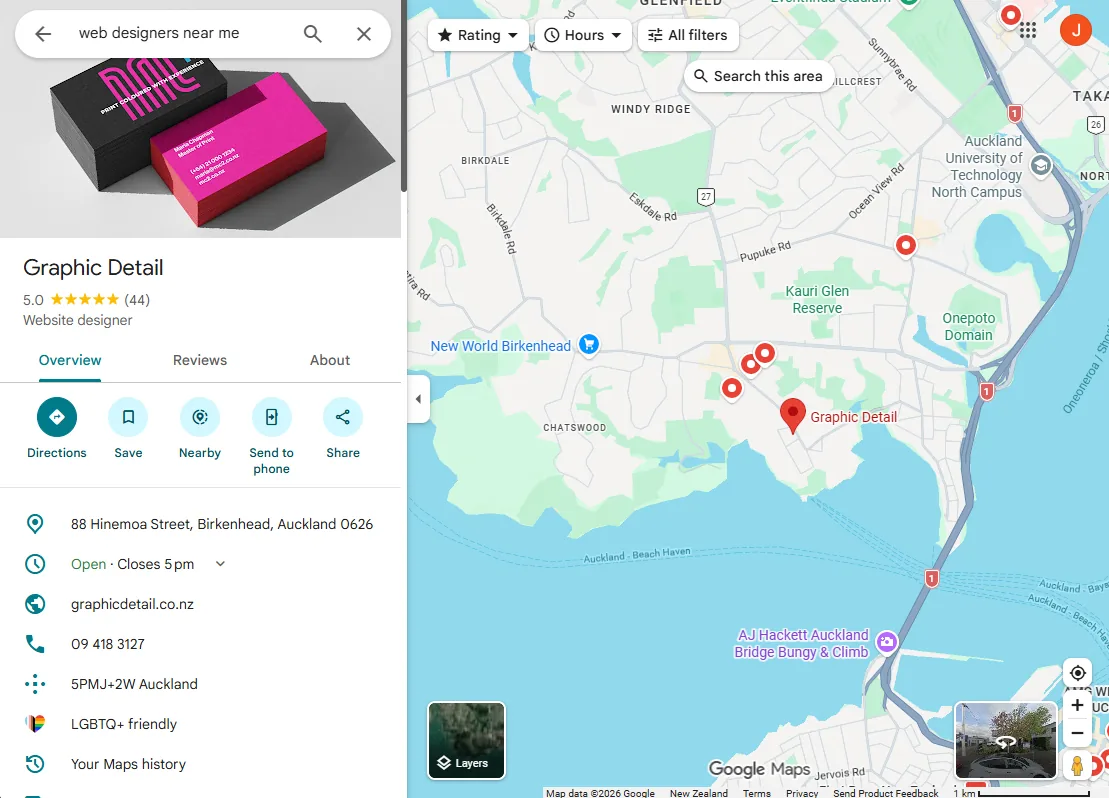 A Google Maps search for 'web designers near me' showing the Graphic Detail pin highlighted in the map pack, alongside its 5.0 star rating and business profile panel.